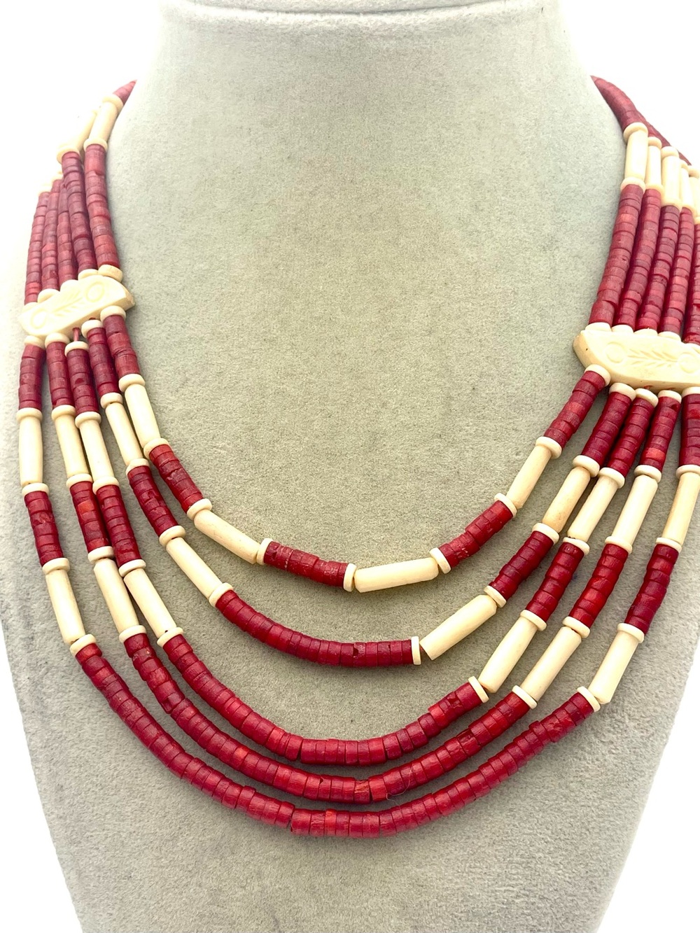Red & Cream Multi-Strand Tribal Style Beaded Necklace w/Resin beads. Sz. 17 inch